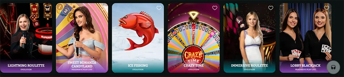 Live casino games section featuring Lightning Roulette, Sweet Bonanza Candyland, Ice Fishing, Crazy Time, Immersive Roulette, and Lobby Blackjack with dealer and game thumbnails on a dark interface.