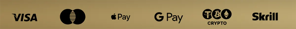 Payment methods banner featuring Visa, Mastercard, Apple Pay, Google Pay, crypto, and Skrill logos on a gold background.