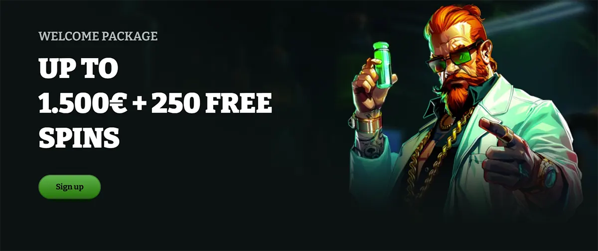 Casino welcome package banner offering up to €1,500 plus 250 free spins, with a green sign-up button and an illustrated bearded man holding a glowing vial on a dark background.