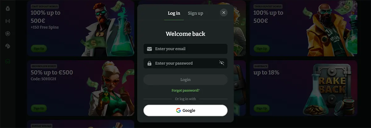 Casino login popup with email and password fields, Google sign-in option, and a “Welcome back” message displayed over a dark bonus page background.